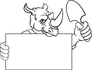 A gardener, farmer or handyman rhino cartoon mascot man holding a gardening tool