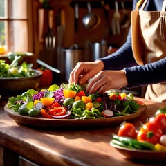Obraz na płótnie Canvas Preparing fresh salad in the kitchen, with fresh raw vegetables