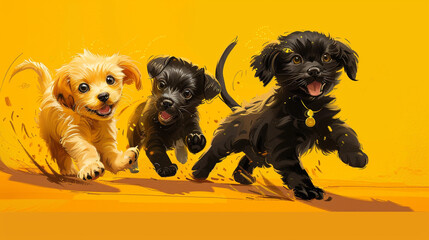 A pair of playful puppies, one golden and one black, frolicking with a sleek black cat on a...