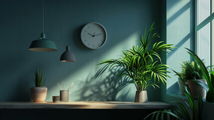 modern office interior with plant in vase and lamp 