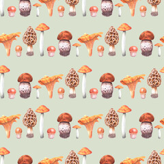 Seamless autumn pattern with forest mushrooms on the background.