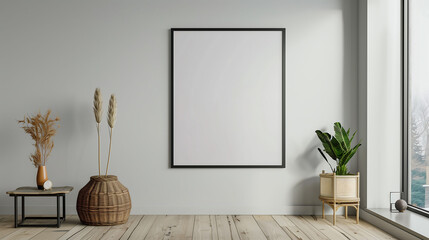 Minimalist room interior with empty frames on the wall.