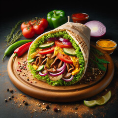 Doner Kebab is full of meat and vegetables. Product photography