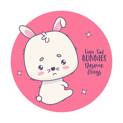 Cute sad little bunny. Funny kawaii animal character. Vector illustration. Kids collection