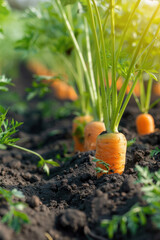 Harvesting Carrots in the Garden. A vibrant image of fresh carrots growing in the soil with lush green tops bathed in sunlight, depicting organic gardening and healthy food.