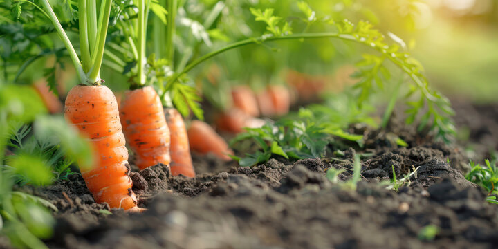 Harvesting Carrots in the Garden. A vibrant image of fresh carrots growing in the soil with lush green tops bathed in sunlight, depicting organic gardening and healthy food.