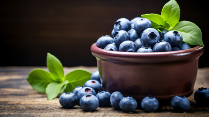 Delicious fresh blueberries in a rustic cup on a nature