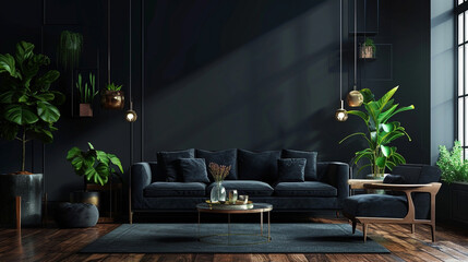 modern living room with sofa and hanging lamp on wall for decoration 
