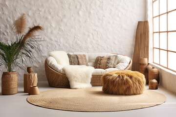 Fur pouf near curved rattan sofa and wooden home decor pieces. Rustic boho home interior design of modern living room.
