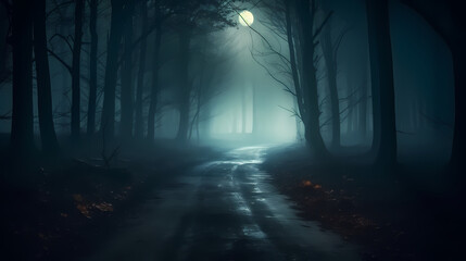 Mysterious dark forest at night