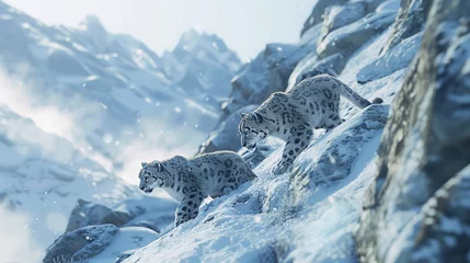Selbstklebende Fototapeten A pair of snow leopards stealthily traversing a snowy ridge in the high Himalayas. © Arisha