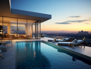 Obraz premium A modern minimalist house nestled amidst a cluster of skyscrapers