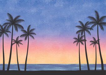 Fototapeta na wymiar ハワイの夕日の景色とヤシの木水彩