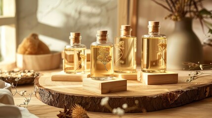 Bottles of essential oils, mockup, on wooden table
