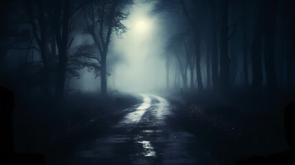 Mysterious dark forest at night