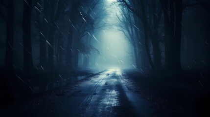 Mysterious dark forest at night