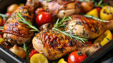 Baked chicken legs with vegetables. Horizontal view from above - obrazy, fototapety, plakaty