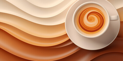 Abstract 3D coffee background, a cup of coffee against a background of soft waves and lines in brown tones, latte art, top view - obrazy, fototapety, plakaty