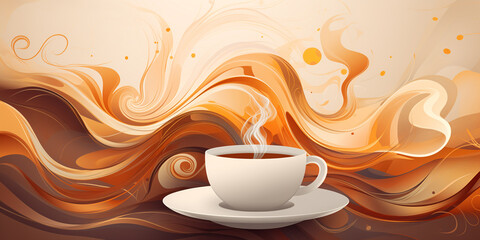 Abstract coffee background, a cup of coffee against a background of soft waves and lines in brown tones