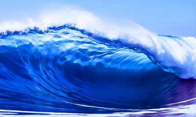 Muurstickers Big sea ocean wave surfing background. Surfing nature wave ocean cool liquid blue water crash sea. Vacation adventure travel tropical extreme surfing sport vibe.  © mostafa