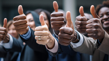 Diverse group showing thumbs up as approval for succes