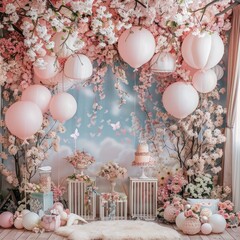 A magical pastel decoration with hanging balloons and floral arrangements creates a stunning celebration space.
