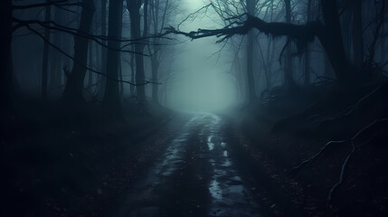 Mysterious dark forest at night