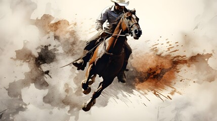Watercolor Rodeo steer wrestling Desert sandstorm western wild west cowboy desert illustration

