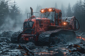 Industrial timber farming at large well cultivated crop with mini excavator driving between rows of tall forest