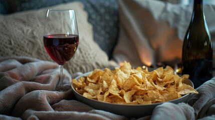 A lonely weekend with a movie, chips and wine. Relieve stress. Junk food. Cheat meal 