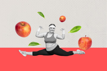Creative poster banner artwork collage of determined lady losing weight doing exercise eat healthy food
