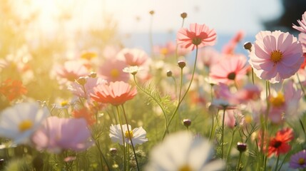 Fototapeta premium Flower field in sunlight, spring or summer garden background