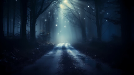 Naklejka premium Foggy dark forest path scary melancholy background