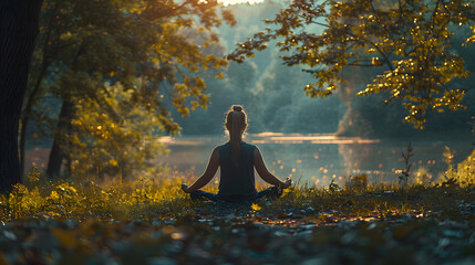 A morning meditation session, with tranquil forest scenery as the background, during a peaceful...
