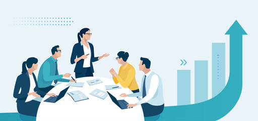Presentation, vision, strategy . The female leader. Discussing business plan. Vector illustration
