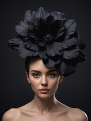 pretty woman wearing a black hat with dark flower - 753551585