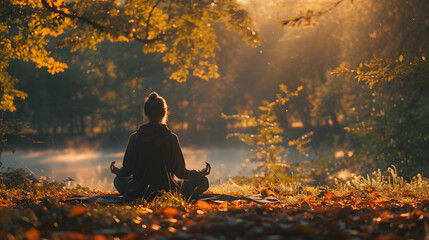 A morning meditation session, with tranquil forest scenery as the background, during a peaceful moment of reflection