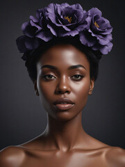 pretty woman wearing a black hat with purple flowers - 753551590