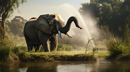 Elephant using trunk to spray and wash with water from