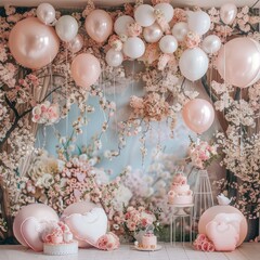 Obraz na płótnie Canvas A beautifully arranged party scene with pastel balloons, lush florals, and stylish dessert presentation conveying luxury and celebration.