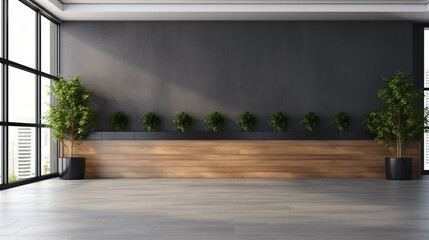 Empty reception room with black and wooden features gr - obrazy, fototapety, plakaty