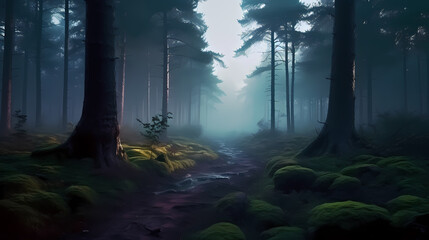 Obraz premium Foggy dark forest path scary melancholy background