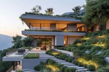 Fototapeta premium A modern minimalist house nestled into the hillside