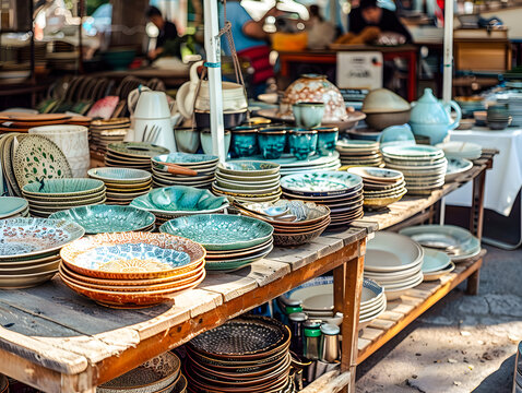 Stand de vaisselle de seconde main sur une brocante, ou un vide-greniers