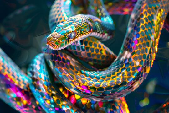 Vibrant serpents, kaleidoscope hues, transparency reveals beautyon a transparent background.