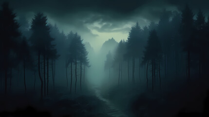 Fototapeta premium Foggy dark forest path scary melancholy background