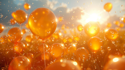 Background of bright yellow inflatable balloons up in the air, backlit by sun.