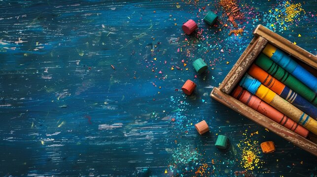 Colorful wax and sparkling crayons in wooden box on blue table 