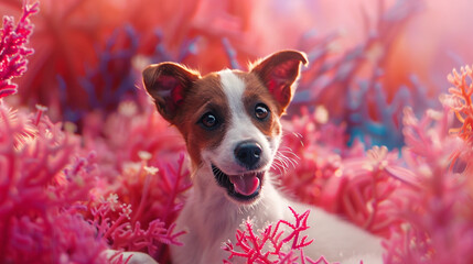A playful Jack Russell Terrier caught in a moment of excitement, photographed in high definition on a vibrant coral backdrop.