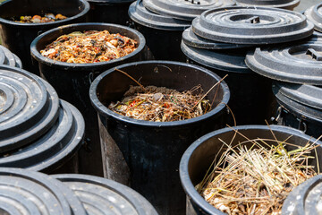 Food scraps full in trash bin produced from the food industry, cafes, restaurants and kitchen homes. Waste management and food waste composting concept.